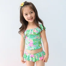 Розничная ; детский купальный костюм для девочек; купальный костюм из двух предметов с цветочным принтом; одежда для купания для маленьких девочек; детская пляжная одежда зеленого цвета