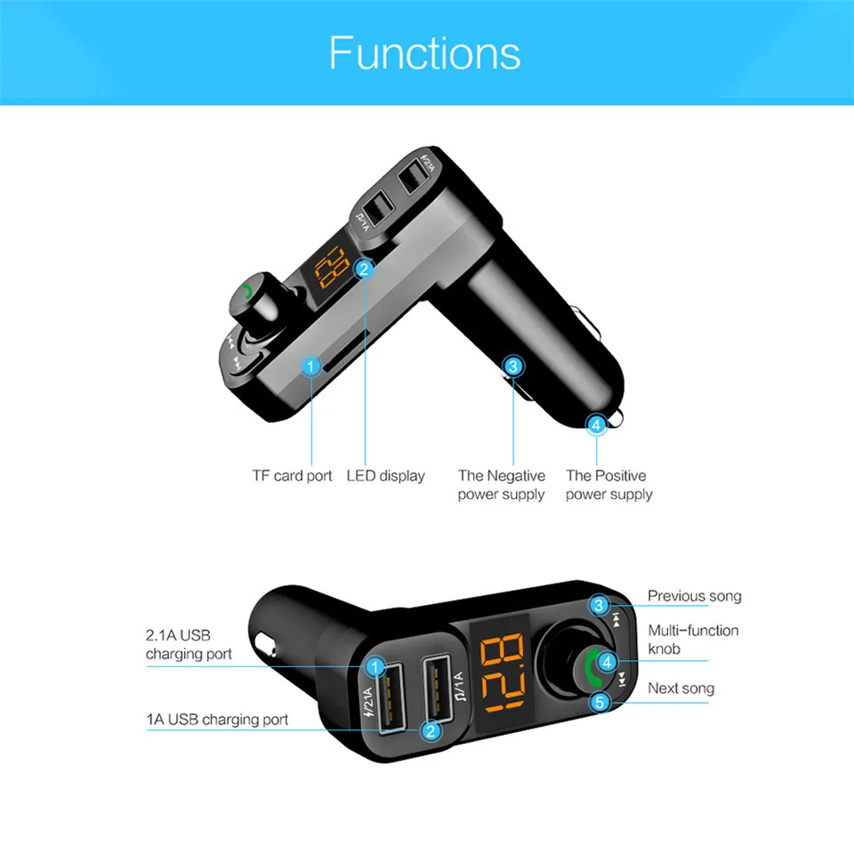 Wireless FM Transmitters Voltage Display Dual USB Car Audio MP3 Player Car Charger Bluetooth Handsfree Car Kits Car Accessories (14)