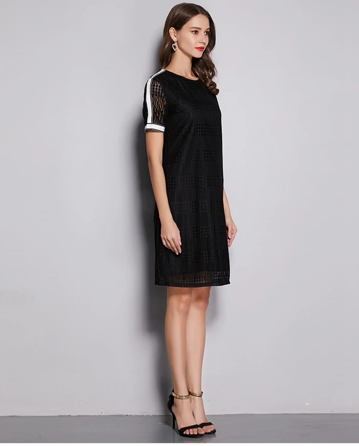 Black Loose Straight Above Knee Half Sleeves O-neck Solid Lace Dress