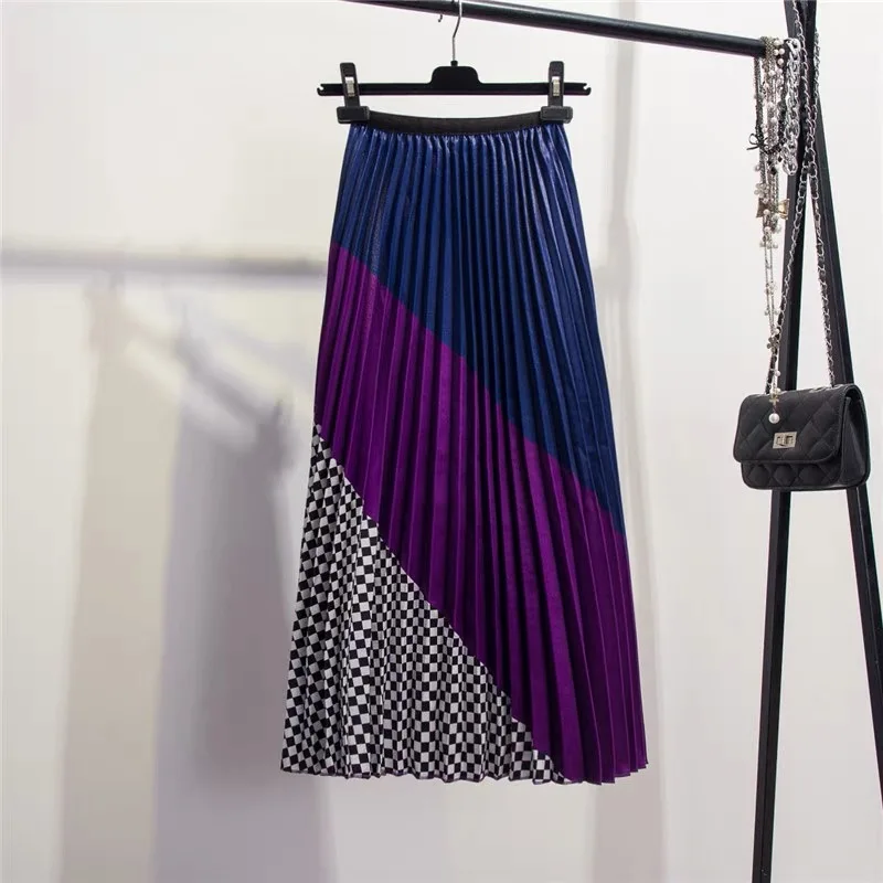 

Fannic Spring New-Coming Europen Color Matching Plaid Pleated Skirt High Street Style Mid-Calf Empire Striped Women Skirts