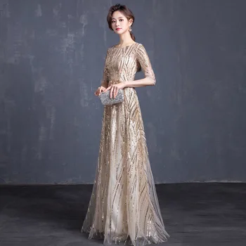 

Gorgeous Long Prom Dresses 2019 Blink Champage Sequined Formal Dress Women Occasion Shiny Party Gown Robe De Soiree Half Sleeves