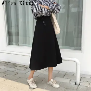

Alien Kitty Stylish Elegant Casual Fresh Retro 2019 Summer Buttons Vintage Sweet Solid Loose Fashion Black Skirt Large Size