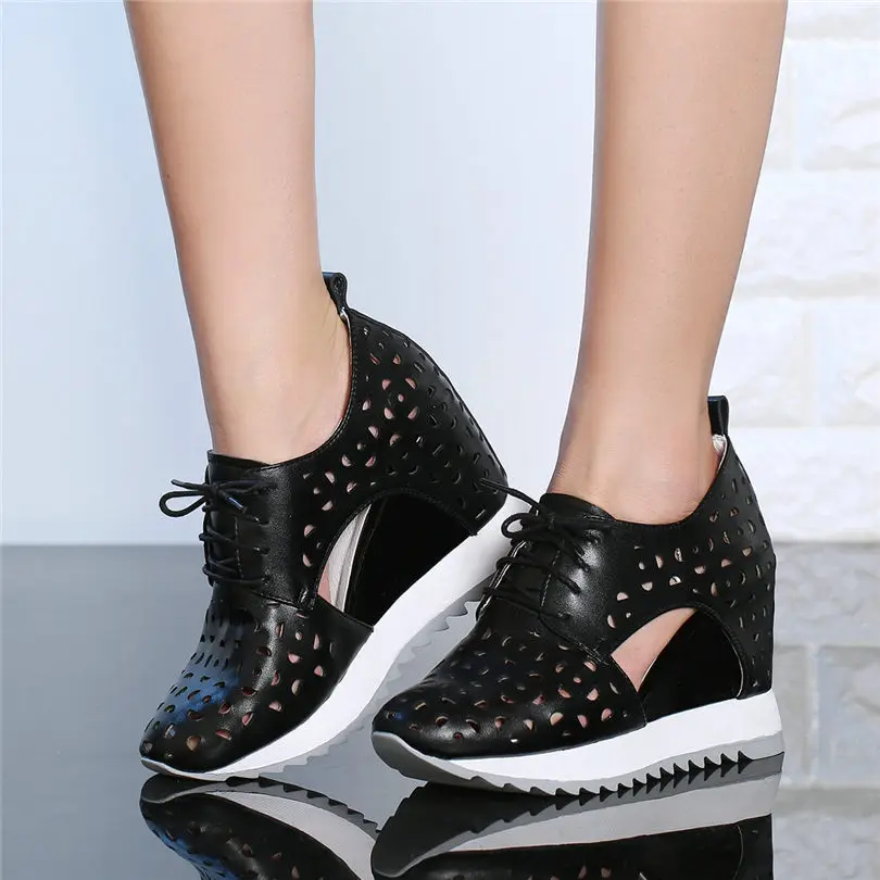 

NAYIDUYUN 2019 Trainers Women Cow Leather Wedges High Heel Gladiator Sandals Summer Punk Goth Pumps Breathable Tennis Shoes