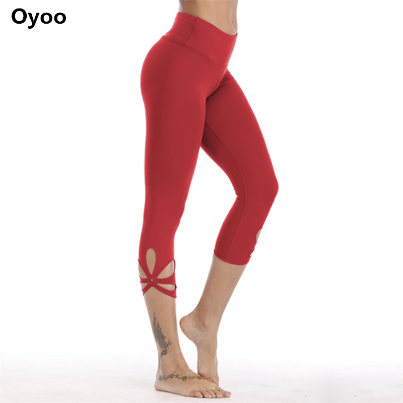 Oyoo/красные капри для фитнеса с высокой талией для йоги, брюки, животик, управляющий контур, боковые спортивные штаны для женщин, милые, для бега, Femme, 3/4, спортивные Леггинсы - Цвет: red