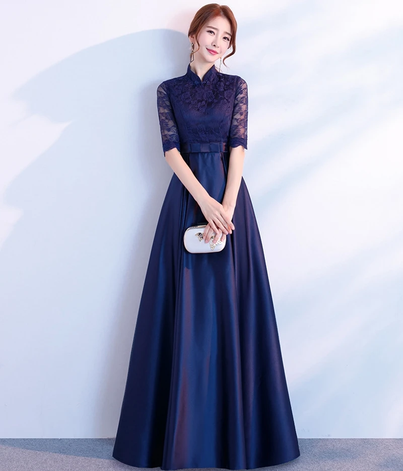 Vintage Navy Blue High Neck Satin Lace Long Mother Of The Bride Dresses