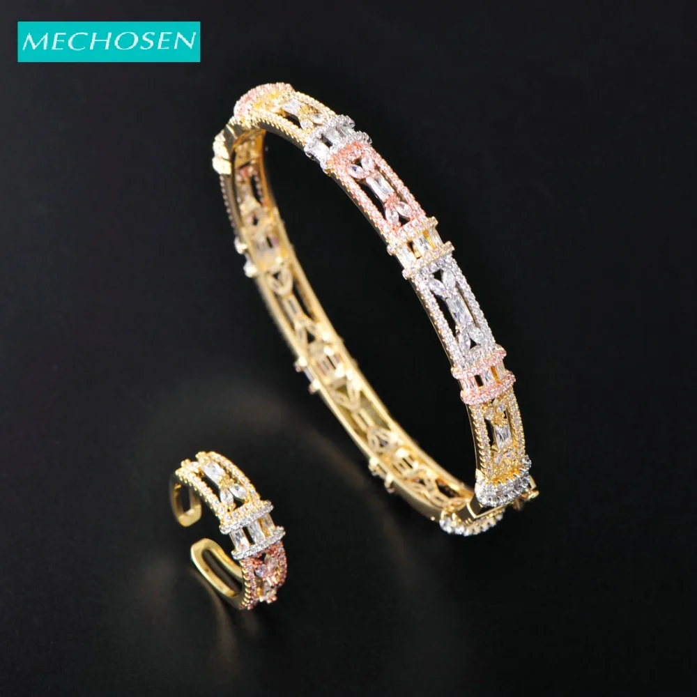 

MECHOSEN Shiny Geometric Bangle Ring Set 3 Tones Mesh Shape Bright Zircon Copper Jewelry Women's Party Concert Bride Wedding Set