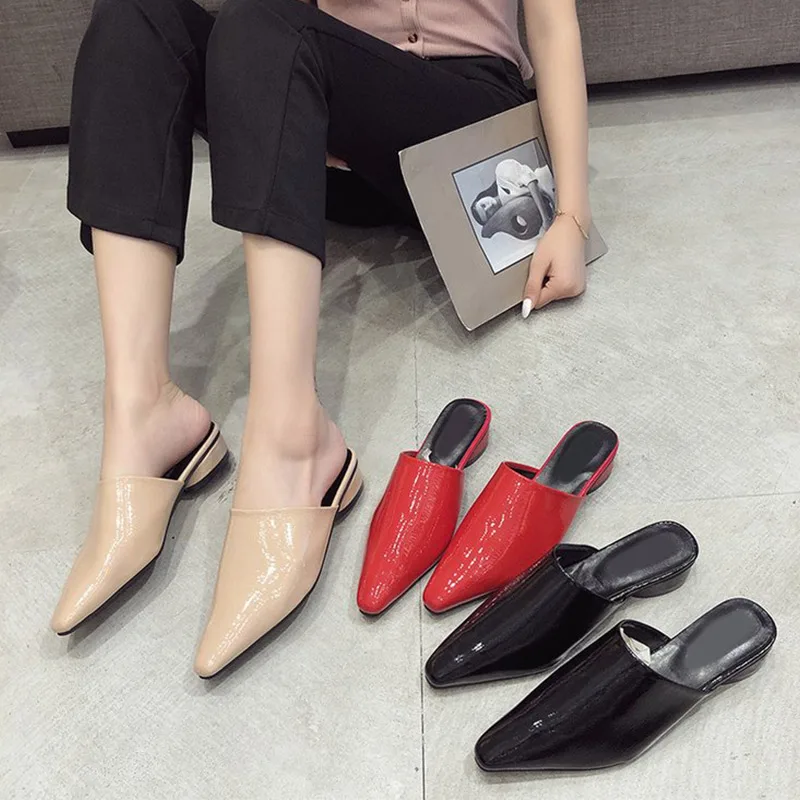 

Autumn Women Slippers Pointed Toe Patent Leather Mules Ladies Slip On Spike Low Heels Slides Comfortable Female Casual Shoes
