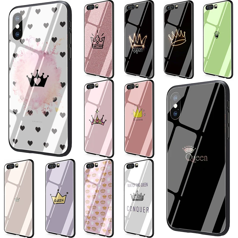 Best PRINCESS Queen crown king Tempered Glass Phone case for Huawei P10 P20 P30 Mate 20 Honor 9 10 Lite 7A Pro 8X Y6 Y9 P Smart