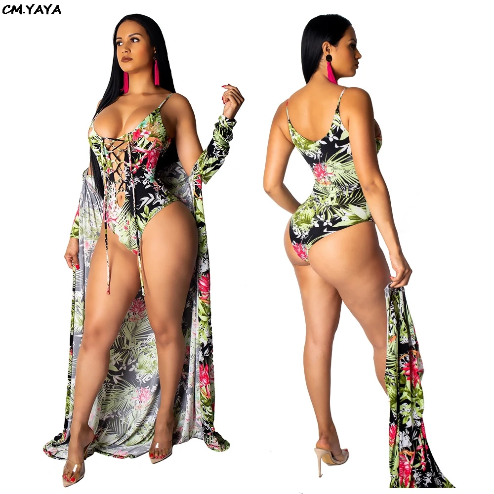 

2019 new women sexy summer floral print beach X-long cloak top lace up sleeveless bodysuit two piece set outfits overall 6202