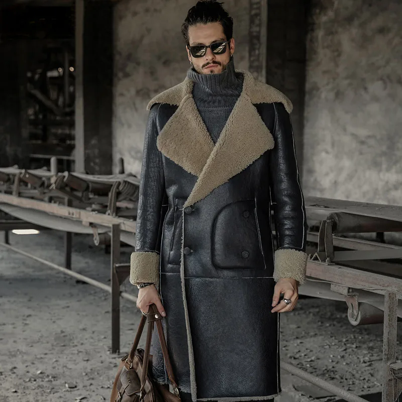 Новая длинная Стильная мужская куртка из благородной овчины, зимняя верхняя одежда, куртка из натуральной кожи, меховые пальто 717 - Цвет: black