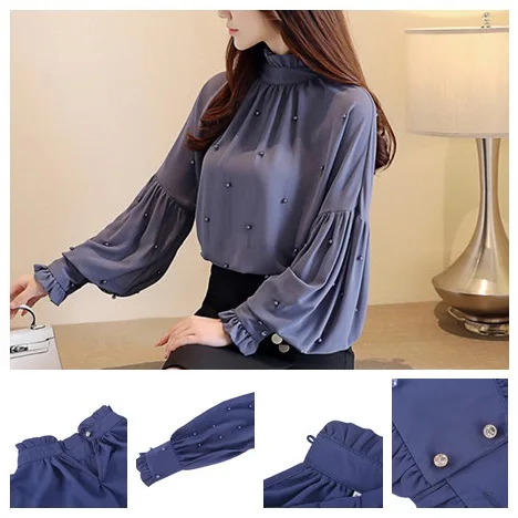 Fashion OL Women Beads Blouses Tops Causal Long Sleeve Solid Shirts Female Simple Clothing 2019 New Arrival