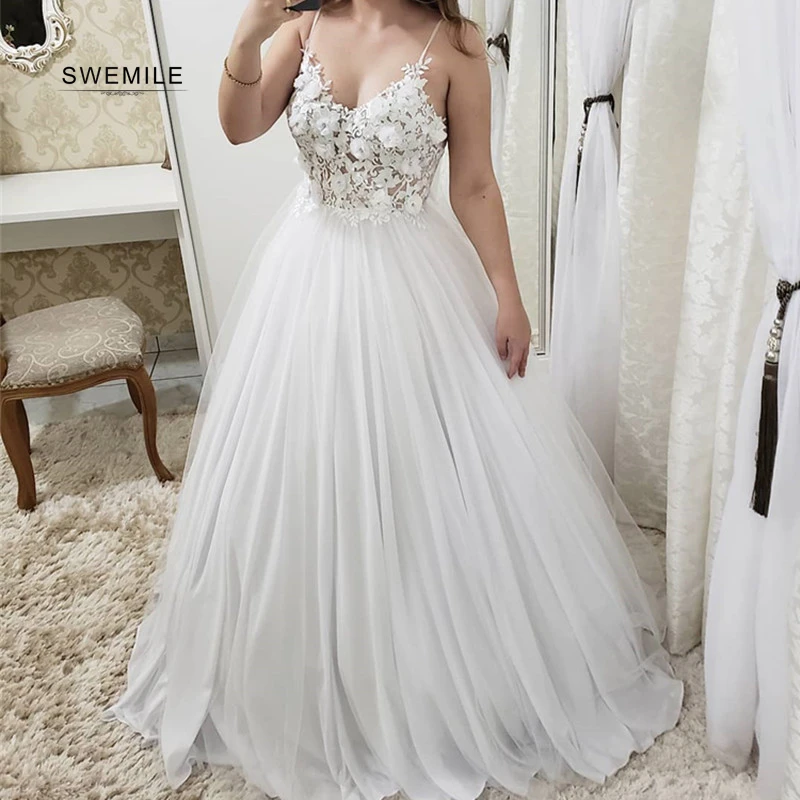 

Vestido De Noiva Simple Flowers Long Wedding Dresses 2019 Sexy V-Neck Backless A-Line Wedding Gowns Robe De Mariee