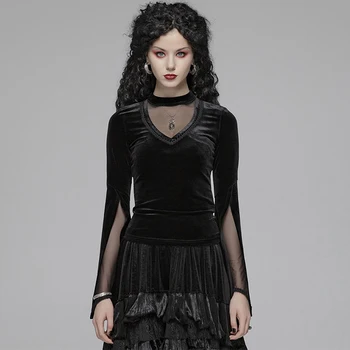 

PUNK RAVE Women Gothic Double Layer Long Slelve T-shirt Fashion Steampunk Retro Velvet T-shirt Evening Party V-neck Women Tops