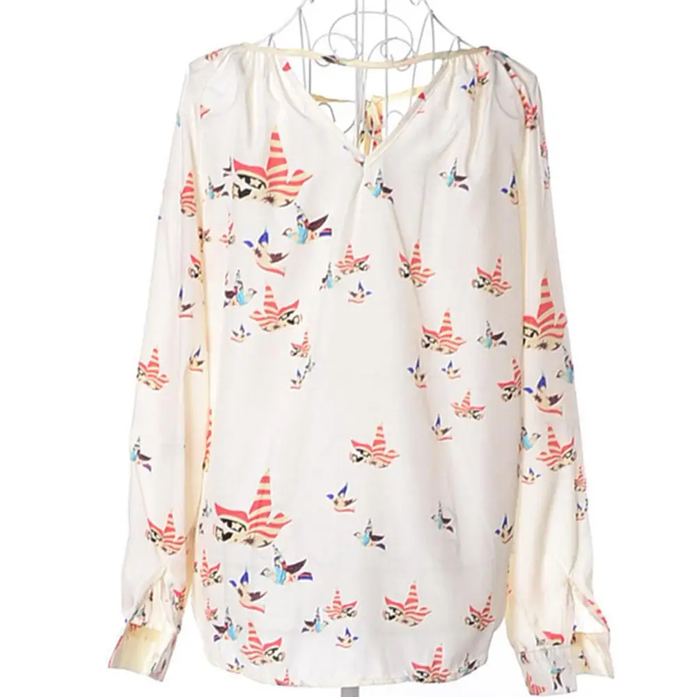 

Yfashion Women Chiffon Blouse Lady Sexy Fashion Flying Pigeon Print Colorful V Neck Blouses Long Sleeve Shirt Blouse