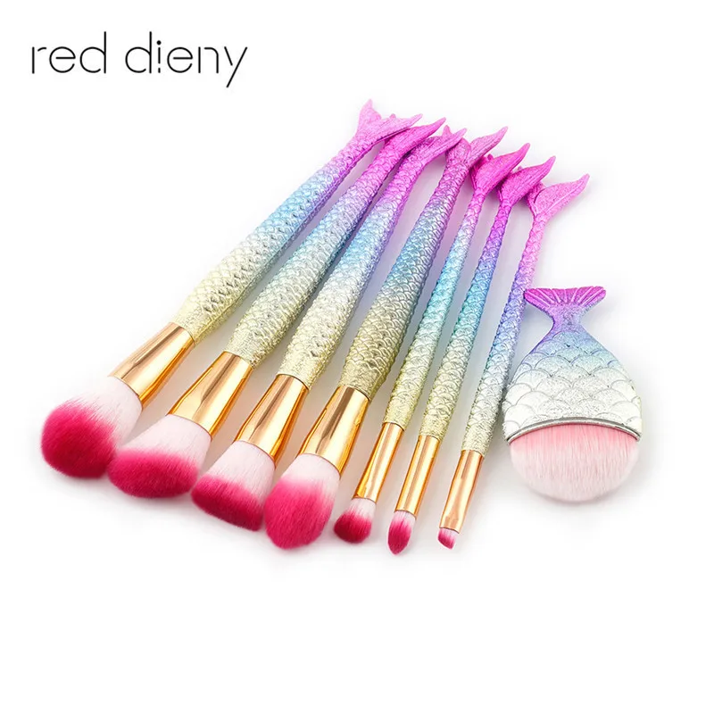 8Pcs Mermaid Shaped Makeup Brush Set Big Fish Tail Foundation Powder Makeup Brushes Eyeshadow Contour Blending