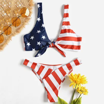 

ZAFUL Sexy Bikini Knot American Flag Bikini Plunging Neck Women Swimsuit Low Waisted Push Up Swimwear Padded Bathing Suit 2019