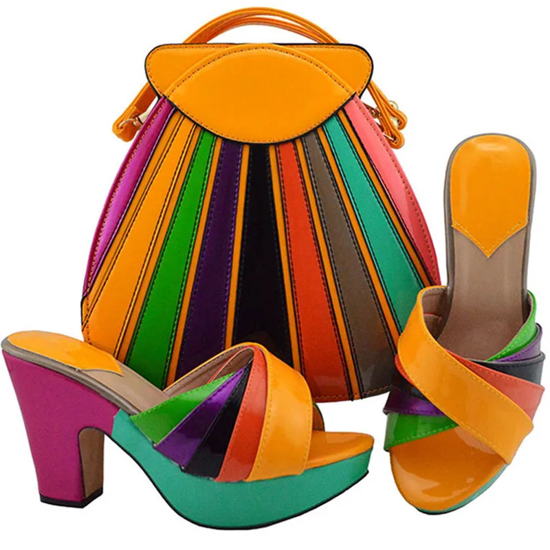 Итальянская Дамская обувь и подходящая Сумочка в комплекте; на очень высоком каблуке(8cm-up) квадратном каблуке Босоножки на каблуке Для женщин женские туфли-лодочки в африканском стиле; Женская обувь в комплекте с набором подходящих сумок
