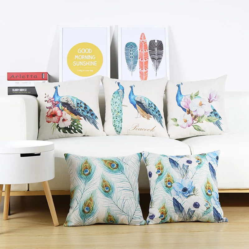 Animal Peacock Peahen Style Print Cushion Cover Sofa Chair Linen Home