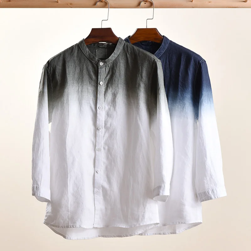 MRMT Брендовые мужские рубашки градиент цвета семь точек рукав льняная рубашка для мужчин повседневный воротник Молодежная тонкая секция Топы рубашка