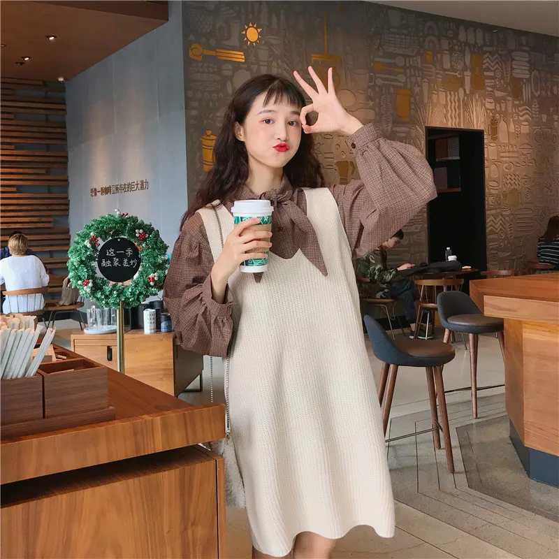 

2019 Spring Women's New Casual Lap Top Long Sleeve Student Shirt + Vest Sweater Dress Two-piece Suit