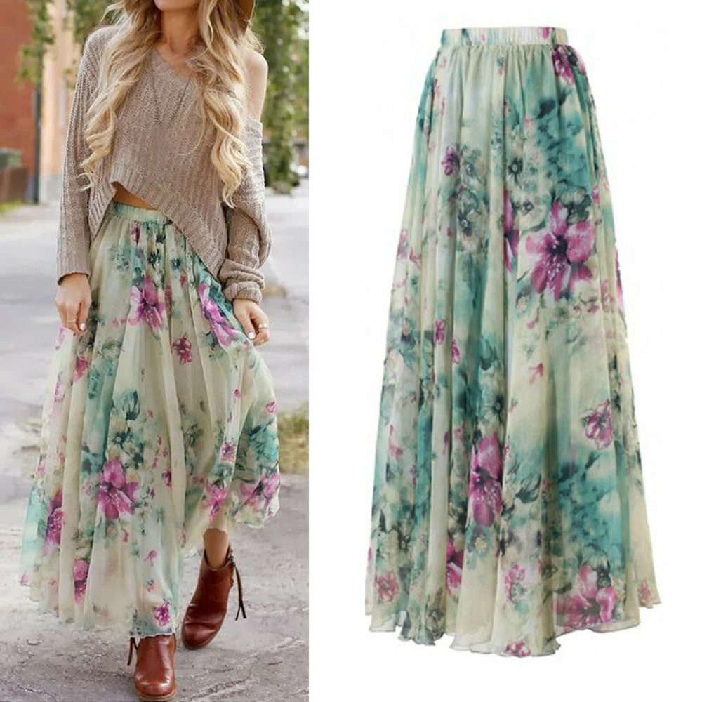 LAAMEI 2019 New Bohomian Women Flower Long Skirt Full Summer Beach Smock Skirts Floral Chiffon Ruched Tutu Skirt Summer Sundress LAAMEI 2019 New Bohomian Women Flower Long Skirt Full Summer Beach Smock Skirts Floral Chiffon Ruched Tutu Skirt Summer Sundress