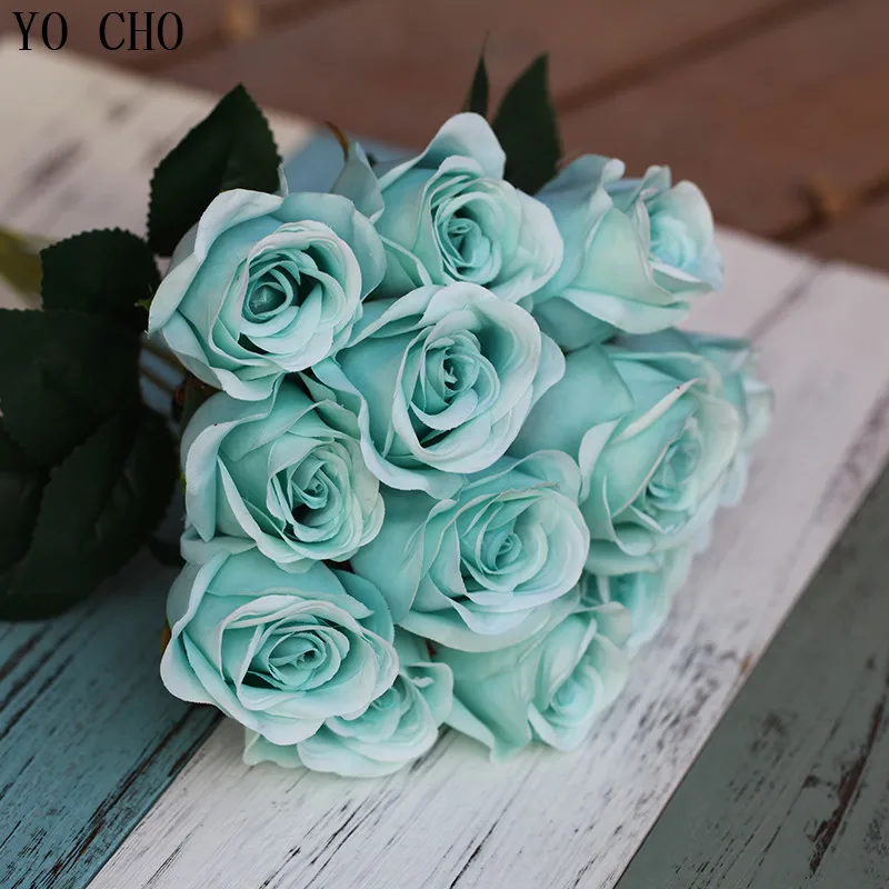 Йо Чо 12 глава искусственный роза Свадебный центральным рождественские украшения для дома шелк искусственный цветок Высокое качество поддельных цветок - Цвет: Tiffany blue