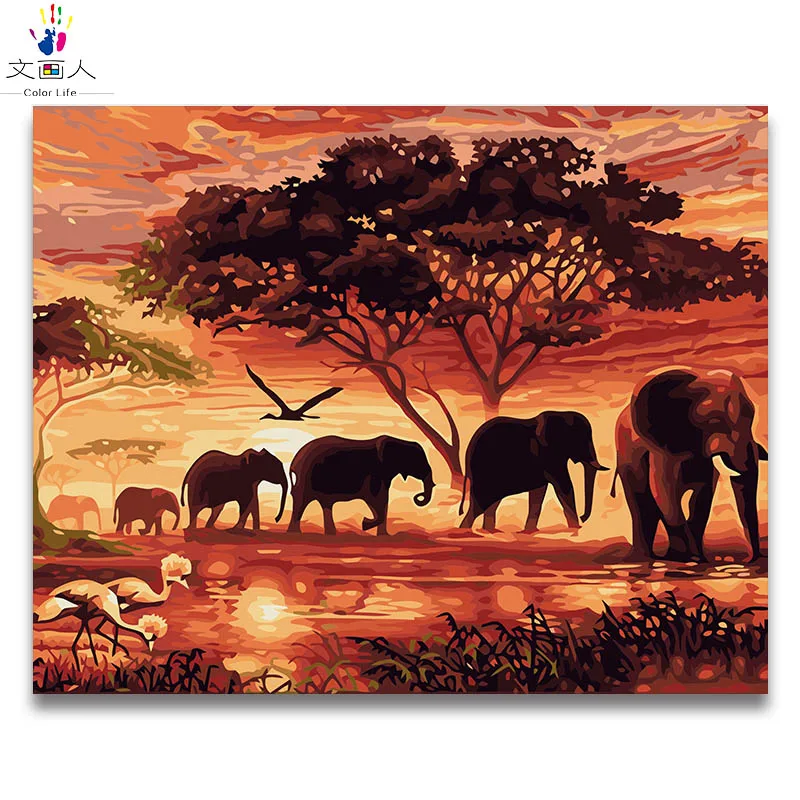 Diy раскраски верфь Nummers животного Zonsondergang Afrikaanse Олифант стадо фотографии Schilderijen met