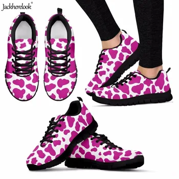 

Jackherelook Hot Pink and White Cow Print Women Sneakers Breathable Comfortable Summer Lace Up Flats Shoes Lightweight Footwear