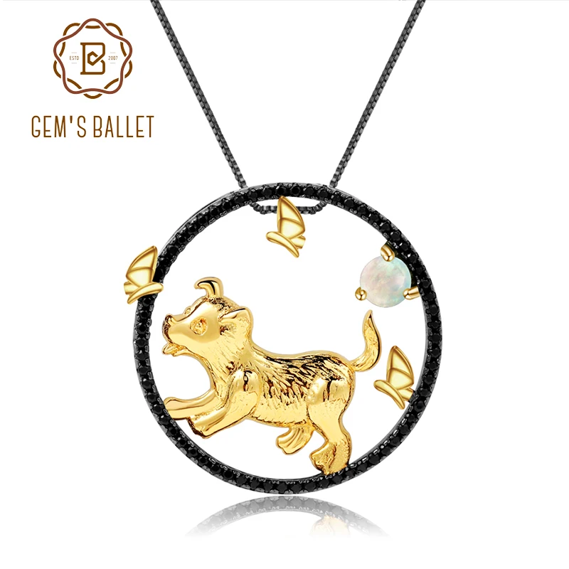 

GEM'S BALLET Natural African Opal Gemstone Pendant Necklace 925 Sterling Silver Loyalty Dog 12 Chinese Zodiac Jewelry For Women