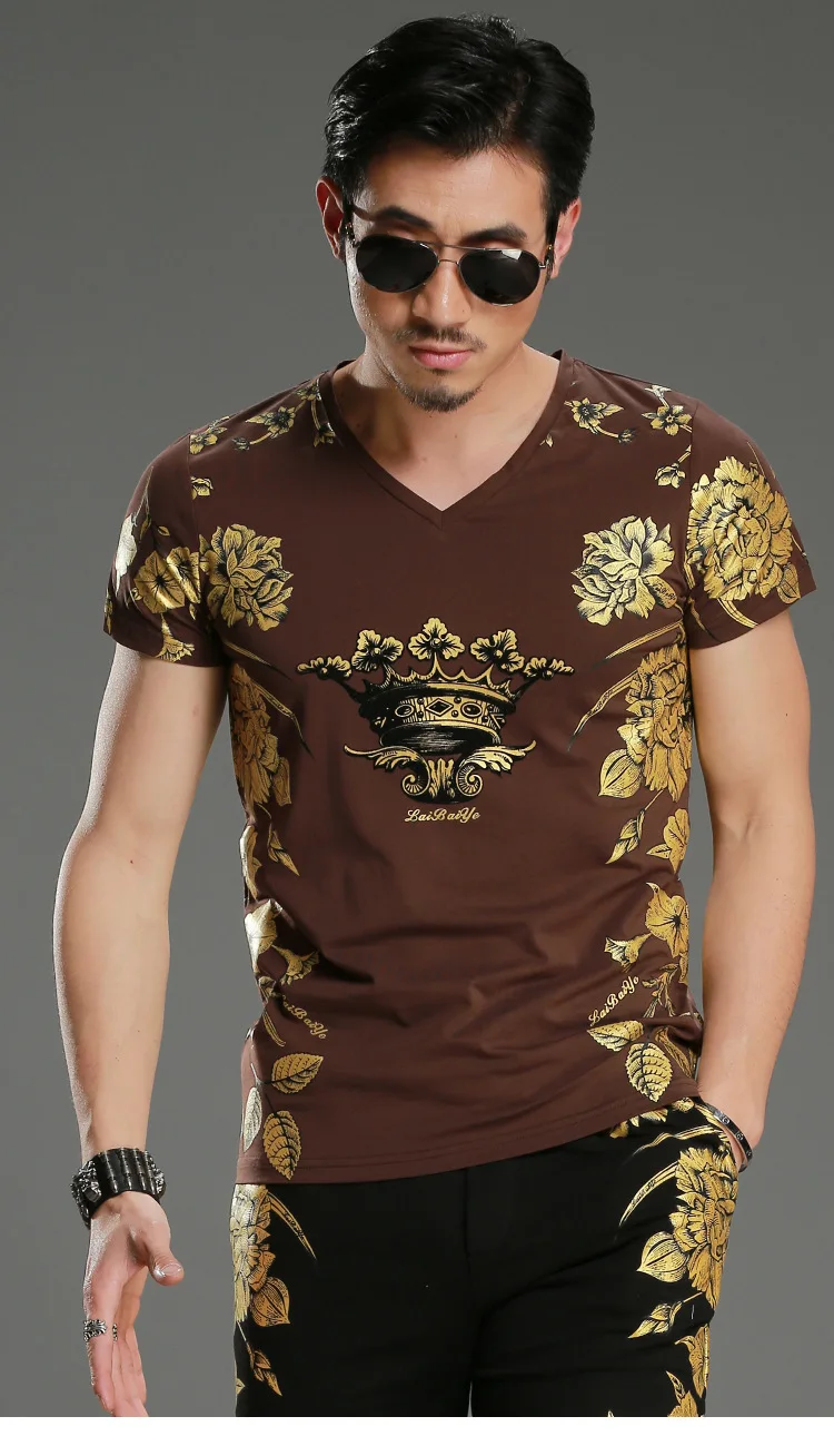 Летняя тонкая мужская футболка из фольги с золотым цветком и v-образным вырезом, повседневная мужская футболка с 3d принтом, футболки с коротким рукавом для фитнеса, топы, футболки