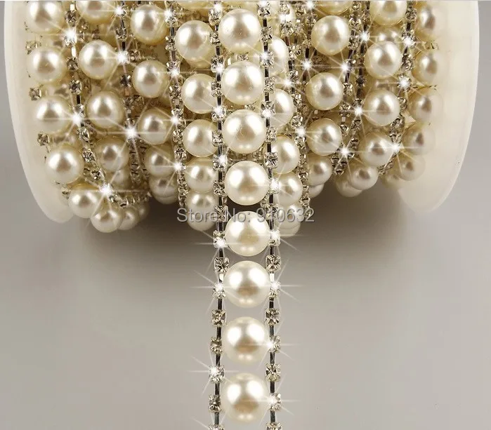 1 Yard Ivory Round Pearl with Clear Crystals Rhinestones Ribbon Trim