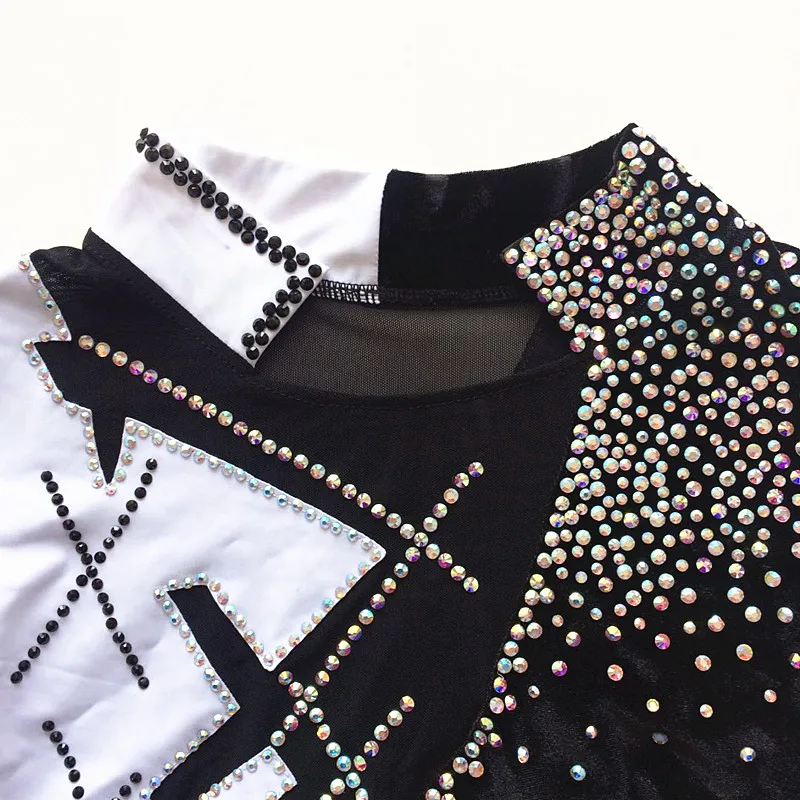 Boys men figure skating costumes TopsFigure skating show clothing Collar long sleeve style Black and white sparkling rhinestones