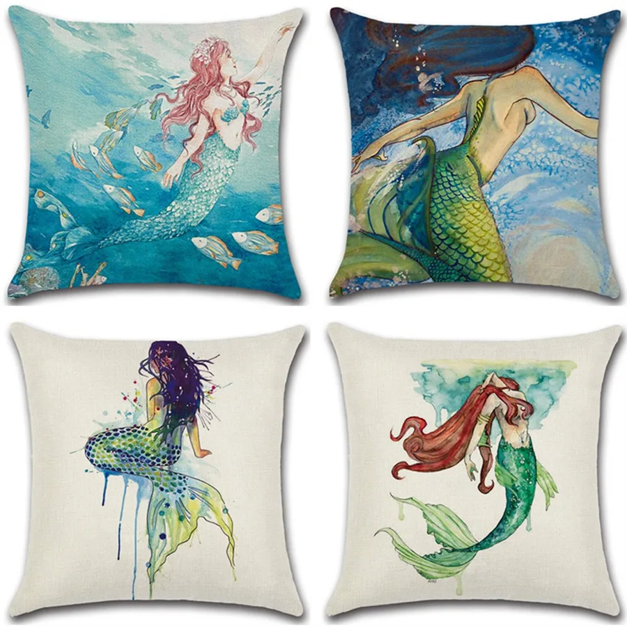 

Beautiful Sea Mermaid Printed Cushion Covers 45*45cm Sofa Chair Car Waist Pillow Covers Flax Pillowcase Office Home Decorative
