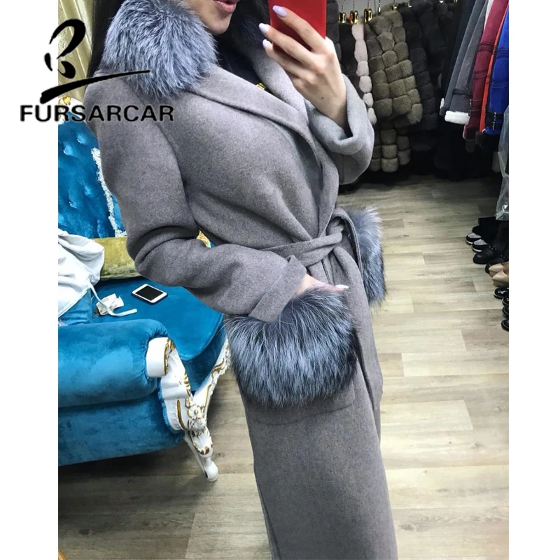 FURSARCAR Новое поступление 2018 натуральный мех пальто Для женщин 120 см длинные зимние шерстяные пальто с мехом с Silver Fox меховой воротник и карман