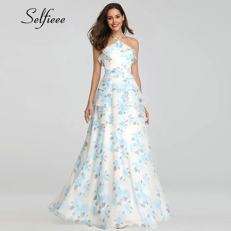 

New Arrival Summer Beach Dress 2019 Elegant A Line Halter Off Shoulder Floral Print Bohemian Dress Sexy Backless Long Maxi Dress