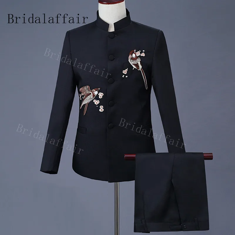 Бренд Bridalaffair черный мужской костюм с аппликацией в виде Ласточки и воротником стойкой свадебные смокинги