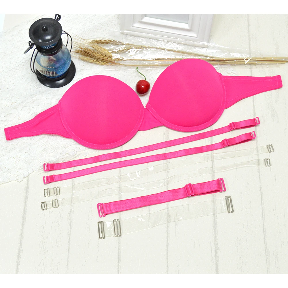 NewPinkSolidWomenSexyPushUpBraPaddedSimpleStrapsInvisible
