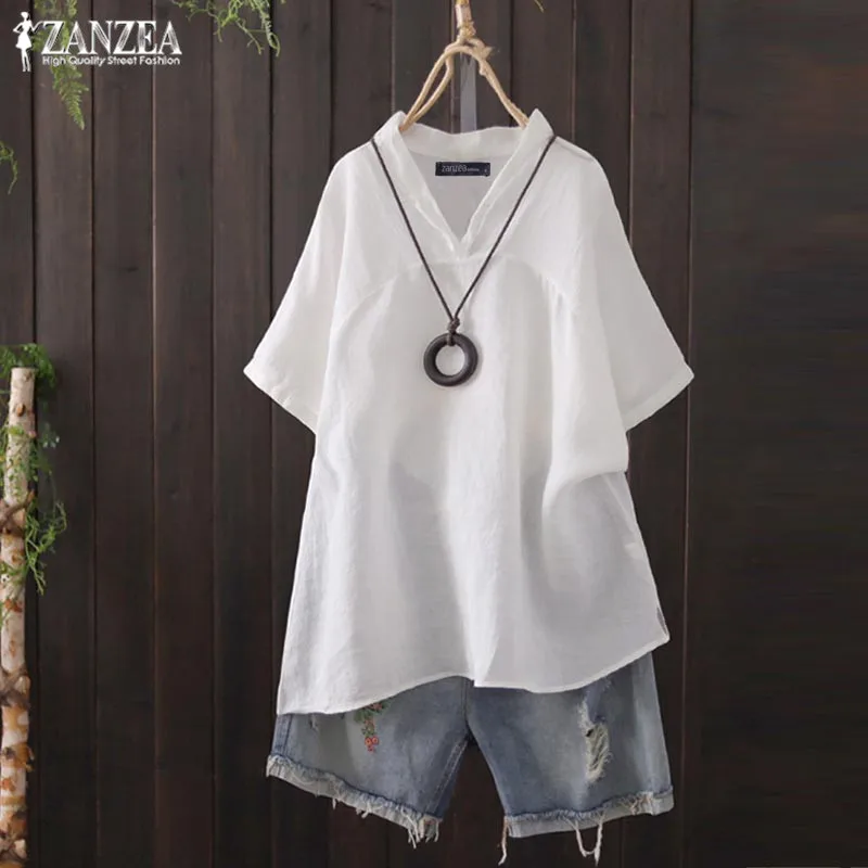 

Summer Tunic Women's Linen Blouse 2019 ZANZEA Kaftan Casual Tops V Neck Short Sleeve Shirt Female Solid Chemise Plus Size Blusas