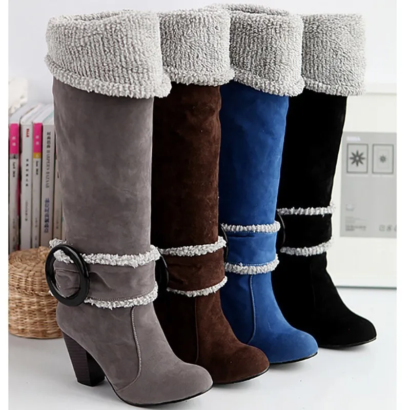 VOGELLIA/зимние женские высокие сапоги; модные теплые замшевые сапоги до колена на высоком каблуке с плюшевой подкладкой; большие размеры 35-43