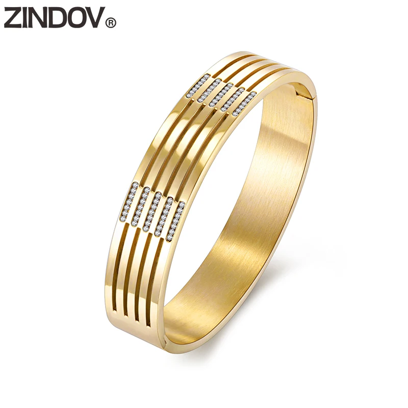 ZINDOV Trendy Jewelry Lady Bracelets For Women Gold Crystal Luxury 316L Stainless Steel Bangles Rose Big Wide Dropshipping | Украшения и