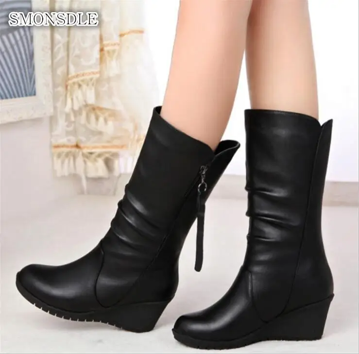 

SMONSDLE 2019 new Snow Boots pu Leather women Winter Warm Round Toe zipper Height Increasing Mid Calf Boots shoes mujer