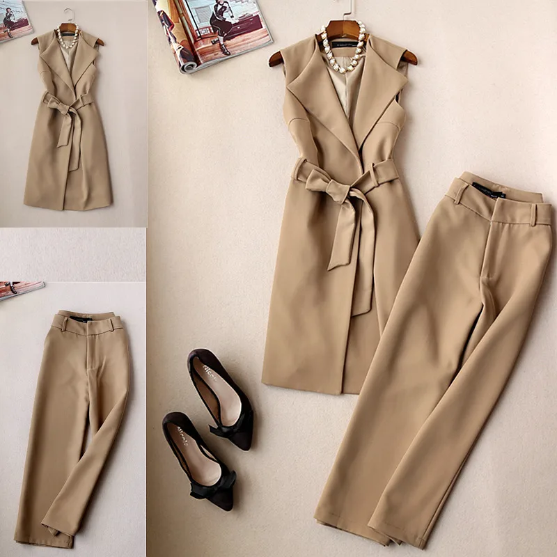 

2018 New Spring Autumn Women's Pure Color Sleeveless Long Vest Jacket + High-waisted Wide Leg Pants Two-piece Ladies Pants Suit