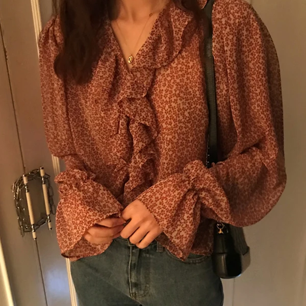 

Sweet Little Flower Chiffon Shirt Women Blouse Ruffles Lady Top Chemise Femme Chemisier Blusa Mujer Camisa