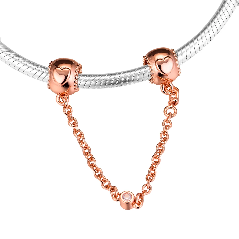 

Pandulaso Embossed Hearts Safety Chain Fit Original Charms Woman DIY Bracelet & Bangle Rose Gold Beads For Woman Wholesale
