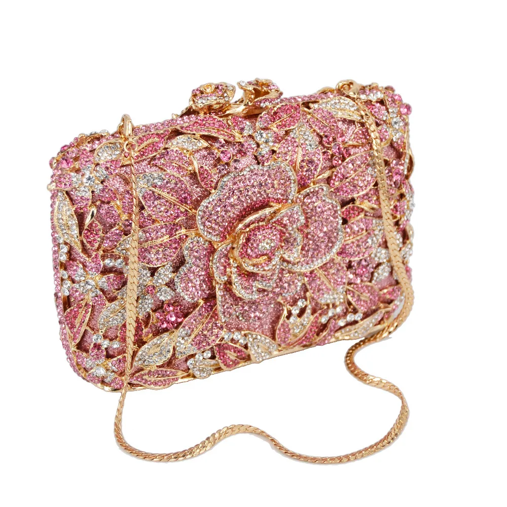 KHNMEET Pink Flower Party Clutch Evening Bags rhinestone Pink Luxury Wedding Crystal Bags Shoulder SC780