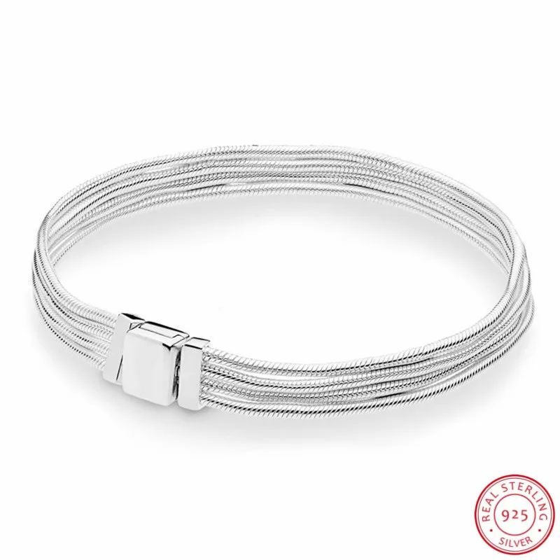 

925 Sterling Silver Multi Snake Chain Reflexions Bracelet for Women with Flat Square Buckle Express Personality FLB072