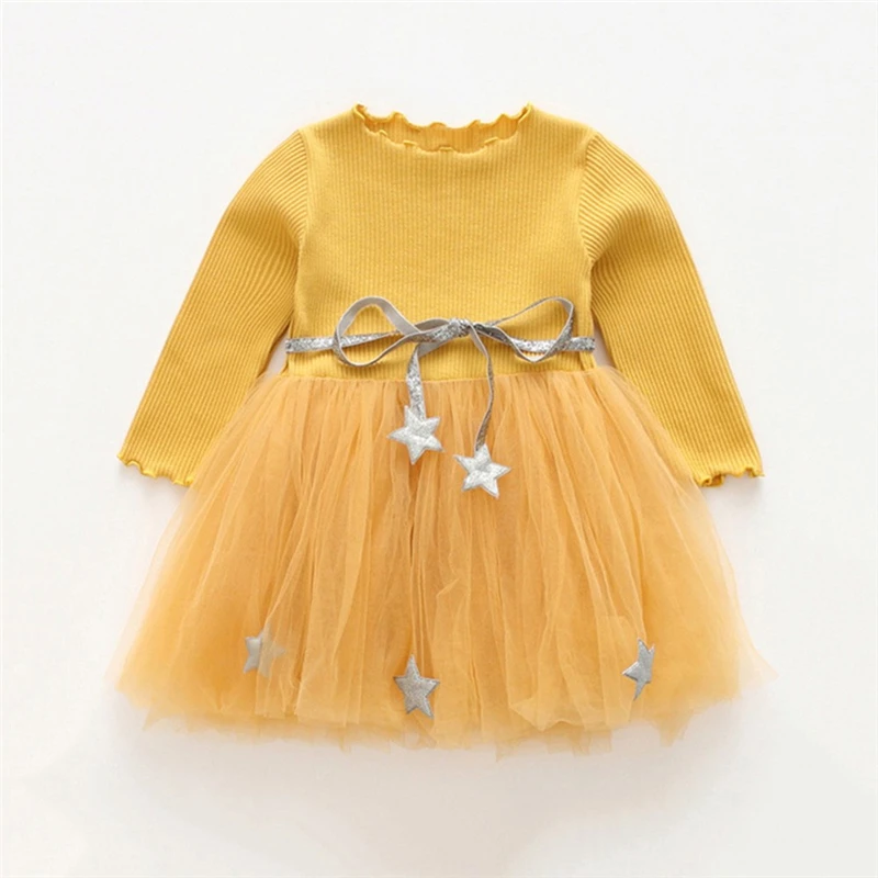2019 Arrival Toddler Kids Baby Girls Solid Patchwork Bow Stars Princess Dress Clothes Newborn Baby Girl Clothes Cotton V8@ (4)