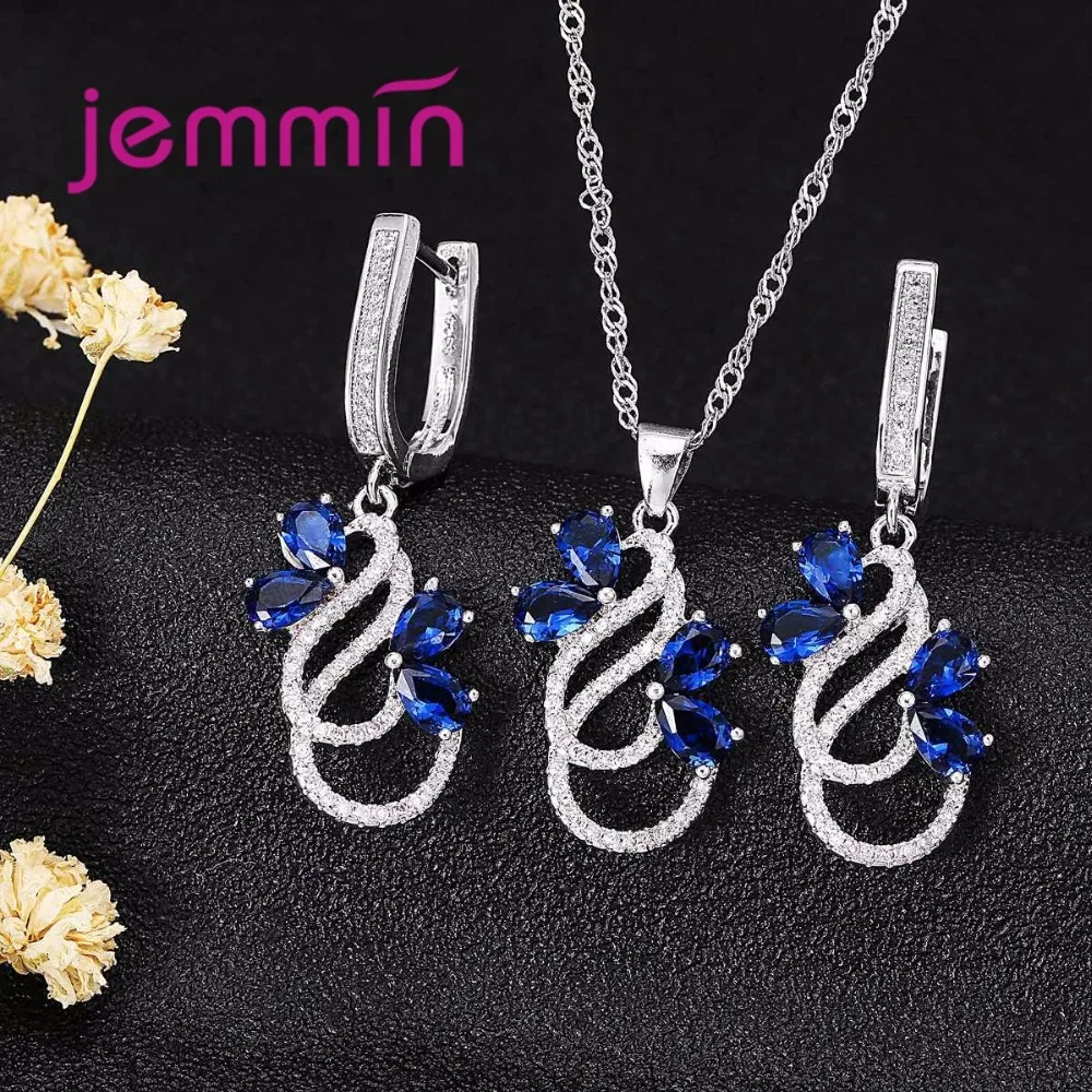 Роскошное 925 пробы Серебряное ожерелье Комплект сережек для женщин Женский вечерний Синий австрийский кристалл ювелирные изделия Высокое качество