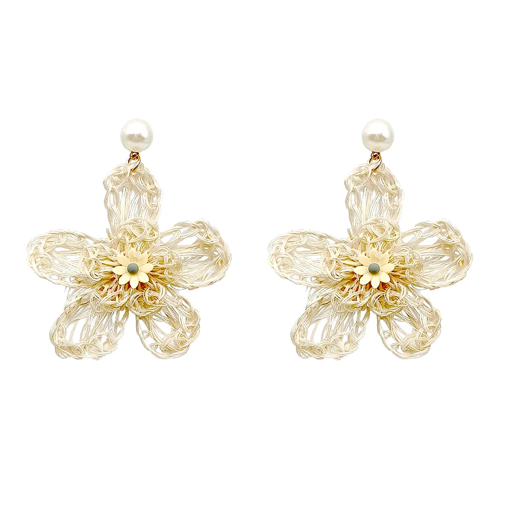 

2019 new arrive raffia drop earrings handmade flower shape white pearl acrylic summer holiday dangle earrings for women