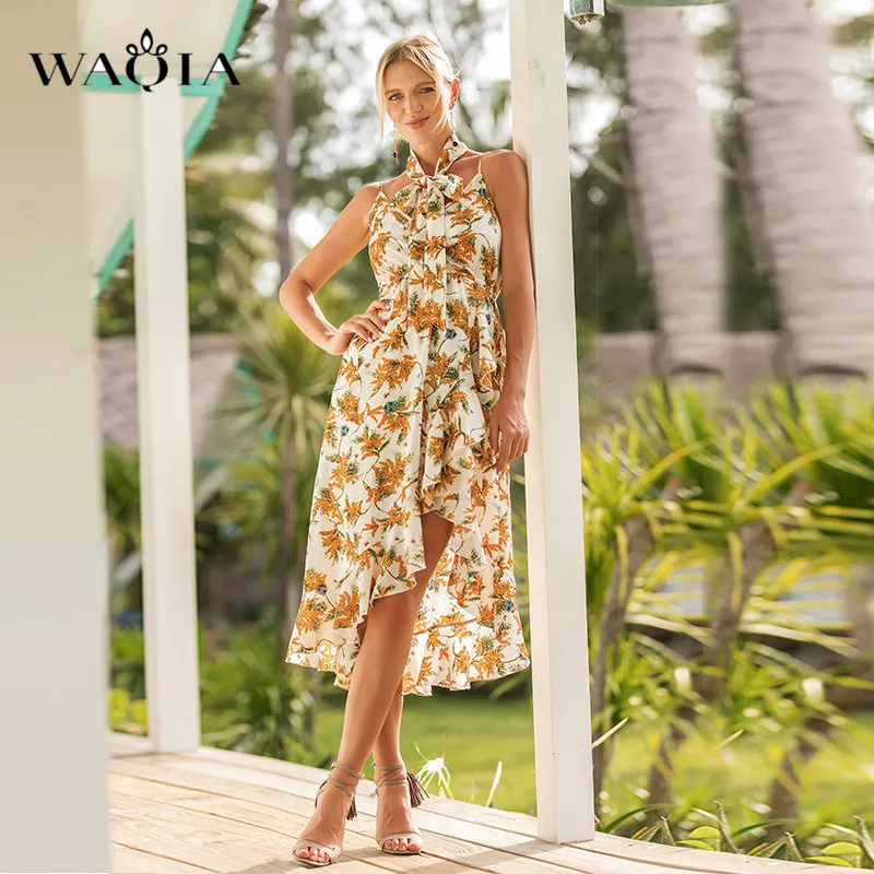 Waqia 2018 летнее платье Для женщин Цветочный принт белое без рукавов Boho Стиль